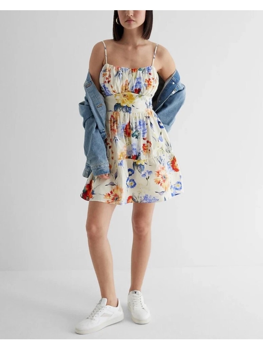 EXPRESS FLORAL RUCHED TIERED POPLIN MINI DRESS SIZE XS
